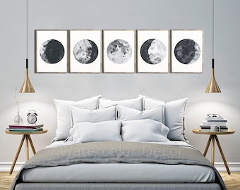 Moon Phases Watercolor Art Prints - Set of 5 Lunar Phases Prints - Moon Chart Posters - Mancave Decor Modern Gift