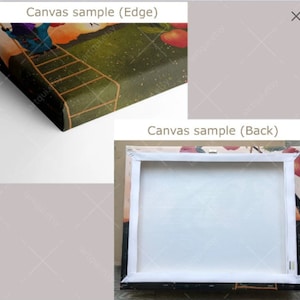 May include: A close-up of the edge and back of a canvas print. The edge of the canvas is wrapped around the frame and the back of the canvas is white with a white frame.