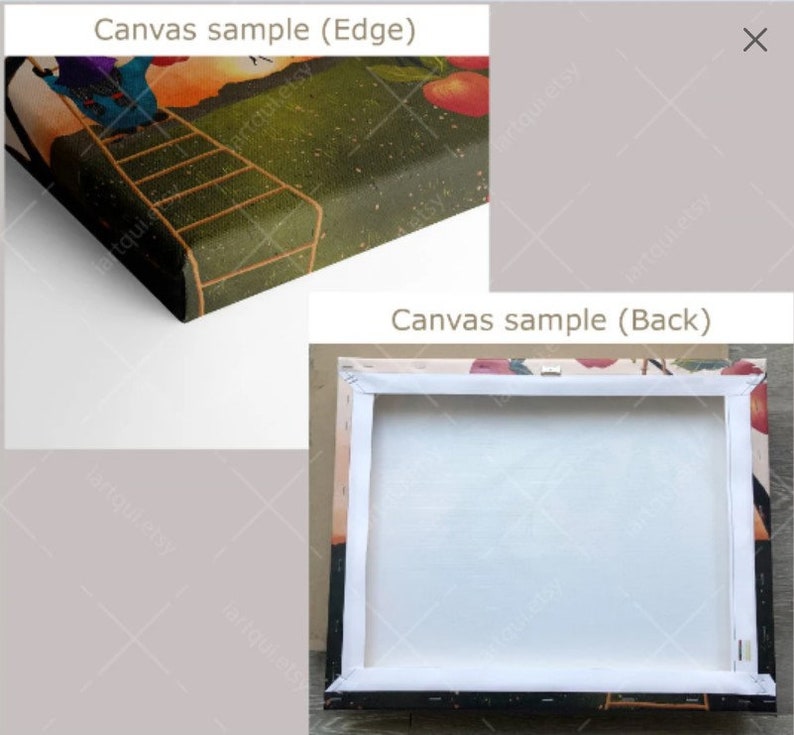 May include: A close-up of the edge and back of a canvas print. The edge of the canvas is wrapped around the frame and the back of the canvas is white with a white frame.