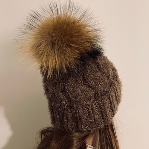 Cream Chunky Cable Knit Cabled Pom Pom Beanie Hat for Women