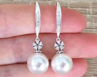 12mm Pearl Bridal Earrings, Sterling Silver Ear Wires, Made with Swarovski Pearls, Crystal Pearl Jewelry, White Wedding, Round, Drop, CZ