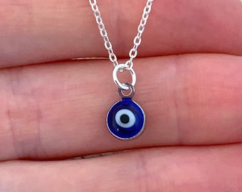 Navy Blue Evil Eye Pendant 925 Sterling Silver Chain Mati Protection Greek Necklace Tiny Nazar Turkish Jewelry Kabbalah Lucky Charm Amulet