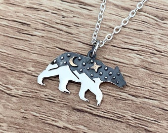 Sterling Silver Bear Necklace Travel Gifts Hiking Mountain Necklace Wanderlust Nature Jewelry Celestial Star Pendant Grizzly Animal Charm