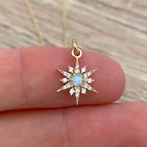 Gold North Star Necklace, Opal Pendant, Layering Starburst Necklace, Dainty CZ Opal Jewelry, Crystal Celestial Jewelry, Cubic Zirconia Charm