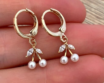Gold Cherry Earrings Cute Huggie Hoop Earrings Cubic Zirconia Earrings Tiny Fruit Jewelry Dangle Drop Fruit Earrings Dainty Kawaii Jewelry
