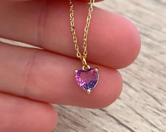 Tiny Love Heart Necklace Engagement Gift for Women 14K Gold Necklace CZ Purple Crystal Pendant Minimalist Charm Dainty Handmade Jewelry