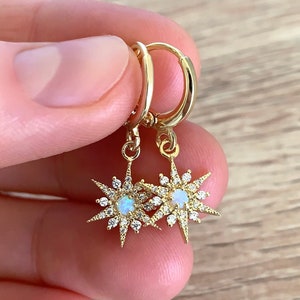Dainty North Star Opal Earrings Birthday Gift for Women 14K Gold Hoop Earrings Starburst Huggie Earrings Crystal Dangle Celestial Jewelry
