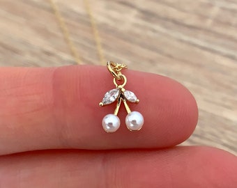 Gold Cherry Necklace Cute White Pearl Pendant Tiny Crystal Fruit Necklace Dainty Kawaii Necklace Cubic Zirconia Fruit Jewelry Food Jewelry