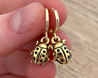 Gold Ladybug Huggie Earrings, Gardening Gift for Women, Lady Bug Hoop Earrings, Ladybug Jewelry, Animal Charm Beetle Jewelry Insect Earrings