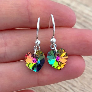 Crystal Rainbow Heart Earrings, Dainty Drop Sterling Silver Earrings, LGBTQ Rainbow Earrings, Queer Gay Pride Earrings, Crystal Jewelry