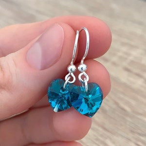 Aqua Blue Heart Earrings December Birthstone Jewelry Birthday Gift for Mom Dainty Sterling Silver Earrings Sea Green Dangle Crystal Jewelry