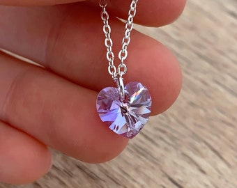 Sterling Silver Heart Pendant, Birthday Gift for Girlfriend, Lilac Love Heart Jewelry, Purple Mothers Day Gift, Crystal Dainty Necklace