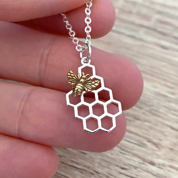 Sterling Silver Honeycomb Necklace Bumble Bee Gifts for Her Geometric Necklace Little Charm Honey Bee Necklace Pendant Insect Jewelry