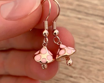 Cottagecore Mushroom Earrings Birthday Gift for Her Pink Enamel Earrings Rose Gold Earrings Fairycore Hippie Jewelry Fairy Toadstool Charm