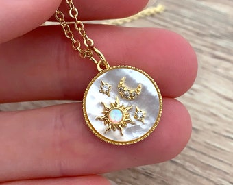 Mother of Pearl Necklace Sister Gift for Her CZ Charm Sun and Moon Necklace 14K Gold Opal Pendant Gold Coin Necklace Sunburst Opal Jewelry