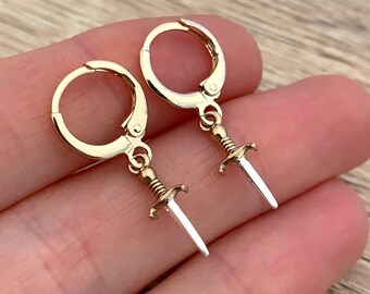 Sterling Silver Dagger Earrings Medieval Jewelry Tiny Sword Earrings Gold Huggie Hoop Earrings Dainty Punk Gothic Jewelry Dark Academia