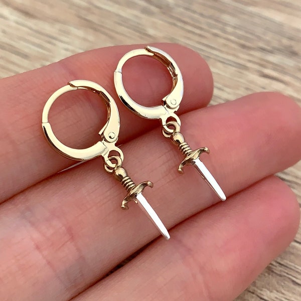 Sterling Silver Dagger Earrings Medieval Jewelry Tiny Sword Earrings Gold Huggie Hoop Earrings Dainty Punk Gothic Jewelry Dark Academia