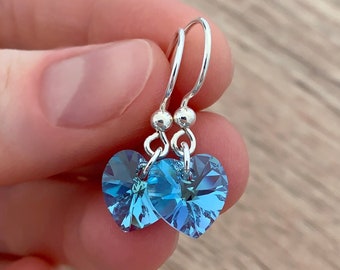 Crystal Aquamarine Earrings Dainty Sterling Silver Jewelry Mothers Day Gifts March Birthstone Jewelry Sky Blue Dangle Heart Drop Earrings