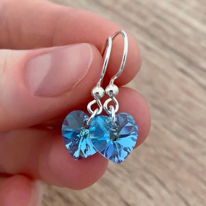 Crystal Aquamarine Earrings Dainty Sterling Silver Jewelry Mothers Day Gifts March Birthstone Jewelry Sky Blue Dangle Heart Drop Earrings image 1