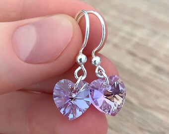 Lilac Love Heart Earrings Dainty Sterling Silver Jewelry Small Lavender Crystal Earrings Minimalist Light Purple Earrings Flower Girl Gifts