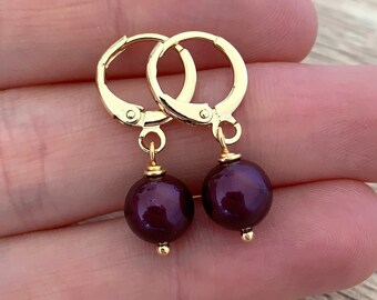 Dainty Burgundy Pearl Earrings Gift for Mum Gold Huggie Earrings Simple Pearl Hoops Round Pearl Drop Earrings Purple Dangle Earrings