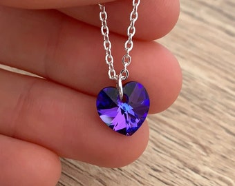 Sterling Silver Heart Necklace Birthday Gift for Mom Small Heart Pendant Girlfriend Gift Purple Love Necklace Dainty Crystal Necklace