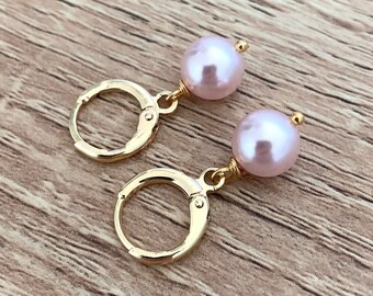 Blush Pink Pearl Earrings Elegant Pearl Gold Earrings Simple Huggie Hoop Earrings Everyday Dainty Jewelry Round Pearl Hoops Pink Drop