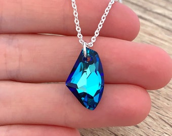 Asymmetrical Blue Crystal Necklace Birthday Gift for Mom Sterling Silver Pendant Bridesmaid Jewelry Geometric Necklace Statement Necklace