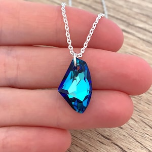 Asymmetrical Blue Crystal Necklace Birthday Gift for Mom Sterling Silver Pendant Bridesmaid Jewelry Geometric Necklace Statement Necklace