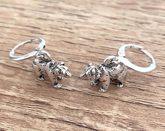 3D Grizzly Bear Earrings, Sterling Silver Huggie Hoop Earrings, Nature Gifts for Her, Wild Animal Earrings, Dainty Woodland Dangle Earrings