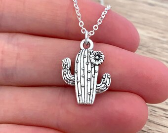 Desert Saguaro Cactus Necklace Gardening Gift for Women Botanical Plant Necklace Nature Jewelry Stacking Silver Pendant Succulent Charm