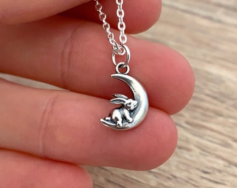 Sterling Silver Bunny Rabbit Necklace Easter Gift for Her Pet Loss Memorial Jewelry Dainty Crescent Moon Pendant Small Celestial Charm