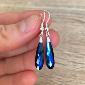 Blue Raindrop Crystal Earrings Mom Gift Something Blue Drop Sterling Silver Earrings Elegant Handmade Earrings Long Thin Dainty Jewelry