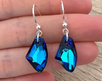 Sterling Silver Asymmetrical Earrings Anniversary Gift for Women Unique Dangle Earrings Bridesmaid Geometric Earrings Blue Crystal Jewelry