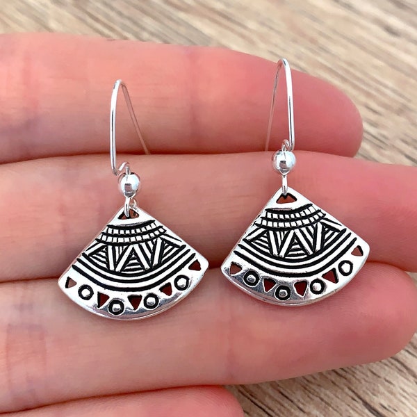 Aztec Tribal Earrings Sterling Silver Ear Wires Unique Gift Dangle Ethnic Earrings Navajo Fan Boho Earrings Bohemian Earrings Boho Jewelry
