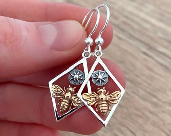 Sterling Silver Geometric Earrings 50th Birthday Gift for Mom Statement Jewelry Gold Honey Bee Earrings Insect Jewelry Charm Sun Earrings