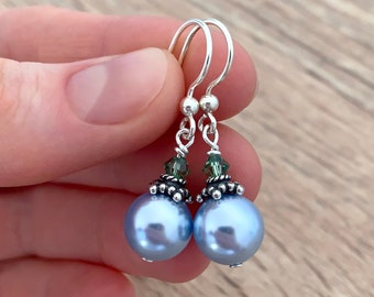 Sky Blue Pearl Earrings Dainty Sterling Silver Earrings Minimalist Bridesmaid Gift Round Pearl Drop Earrings Classic Simple Jewelry