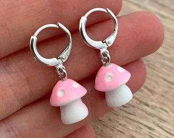 Pink Mushroom Earrings Sterling Silver Huggie Earrings Cottagecore Fairy Hoop Earrings Small Cute Earrings Dainty Shroom Hippie Jewelry