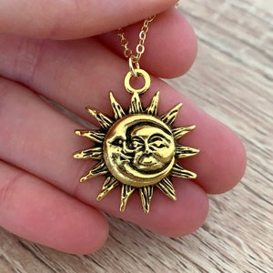Sun and Moon Necklace Soulmate Friendship Gift for Her Gold Face Charm Crescent Moon Pendant Celestial Space Solar System Galaxy Jewelry