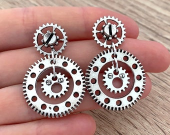 Statement Cog & Gear Earrings, Stainless Steel Posts, Unique Gifts for Her Vintage Silver Stud Earrings Charm Steampunk Jewelry Gothic Studs