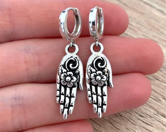 Bohemian Flower Earrings Mother Birthday Gift for Her Hoop Dangle Boho Earrings Hand Charm Silver Huggie Earrings Palm Statement Jewelry