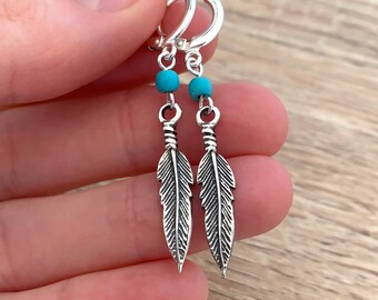 Sterling Silver Feather Earrings Best Friend Gift for Her Bohemian Jewelry Charm Huggie Hoop Earrings Boho Earrings Drop Turquoise Earrings