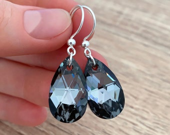 Smokey Grey Crystal Earrings Sterling Silver Drop Earrings Dark Gray Wedding Party Gift Charcoal Teardrop Crystal Jewelry Black Dangle