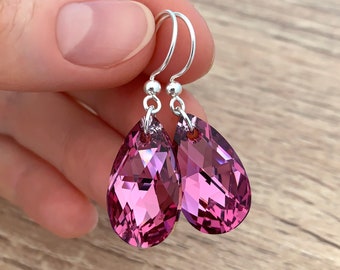 Rose Pink Drop Earrings Sterling Silver Dangle Earrings Mother's Day Gift Pink Bridesmaid Jewelry Pink Crystal Bridal Teardrop Earrings