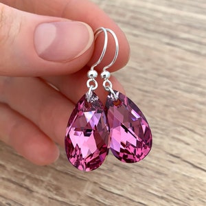 Rose Pink Drop Earrings Sterling Silver Dangle Earrings Mother's Day Gift Pink Bridesmaid Jewelry Pink Crystal Bridal Teardrop Earrings