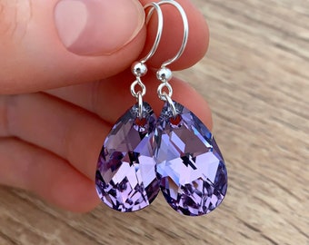 Violet Purple Drop Earrings Sterling Silver Earrings Purple Bridesmaid Jewelry Mothers Day Gift Crystal Bridal Teardrop Earrings