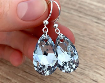 Metallic Teardrop Crystal Earrings, Sterling Silver Drop Earrings, Engagement Gift for Women, Bridal Statement Jewelry, Dangle Earrings