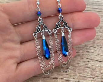 Chandelier Chain Earrings Sterling Silver Ear Wires Wife Gift for Her Crystal Victorian Earrings Statement Long Earrings Art Nouveau Jewelry