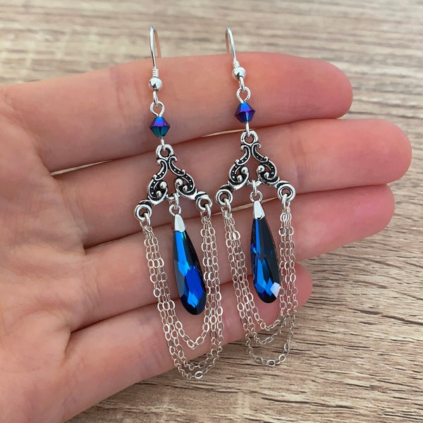 Chandelier Chain Earrings Sterling Silver Ear Wires Wife Gift for Her Crystal Victorian Earrings Statement Long Earrings Art Nouveau Jewelry