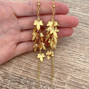Cluster Gold Leaf Earrings Mother Gift for Women Long Statement Earrings Dangle Chain Earrings Maple Fall Charm Woodland Nature Jewelry
